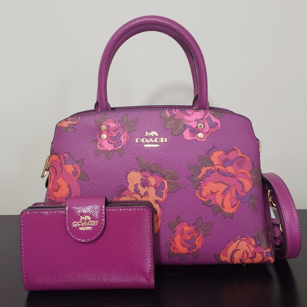 NWT! COACH PURPLE JUMBO FLORAL PRINT MINI LILLIE CARRYALL & MATCHING WALLET SET